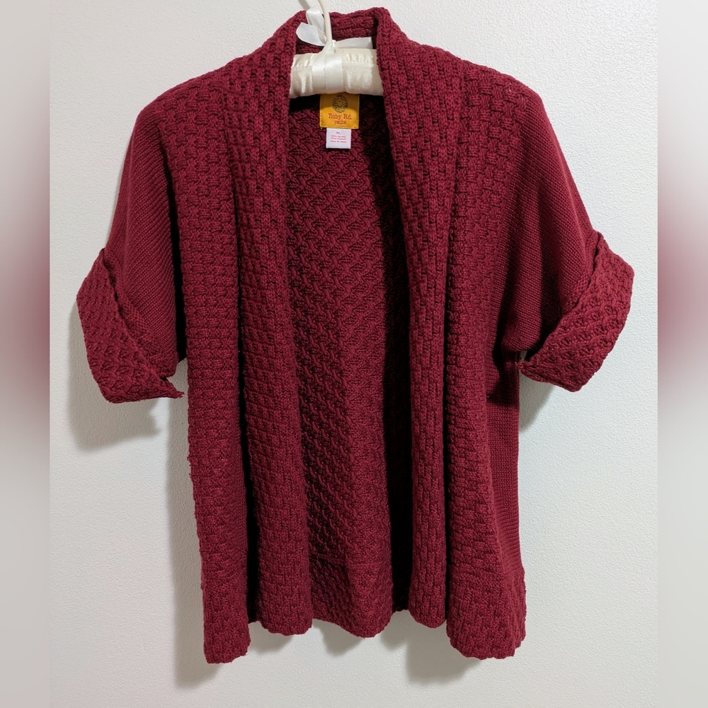 Ruby Rd Chunky Short Sleeve Cranberry Knit Open Front Cardigan P/L